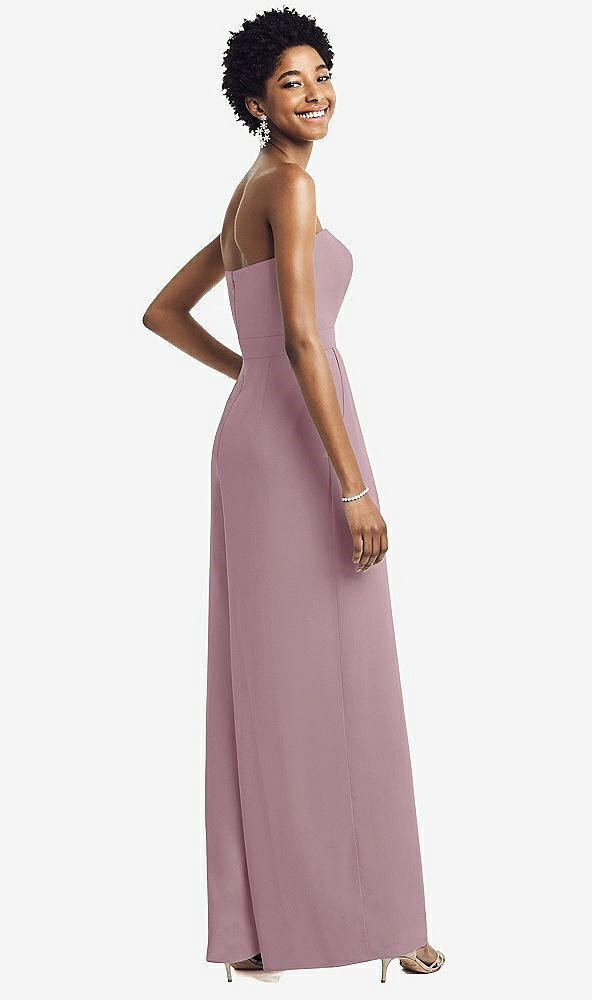 Back View - Dusty Rose Strapless Chiffon Wide Leg Jumpsuit with Pockets