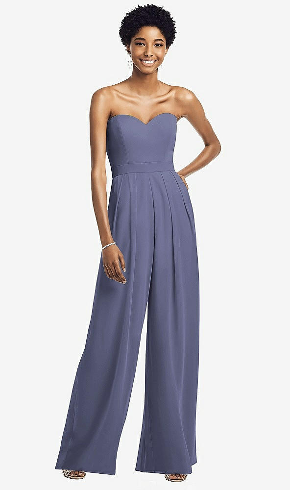 Front View - French Blue Strapless Chiffon Wide Leg Jumpsuit with Pockets