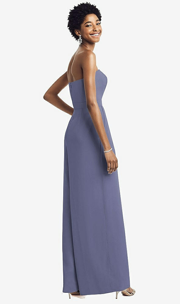 Back View - French Blue Strapless Chiffon Wide Leg Jumpsuit with Pockets