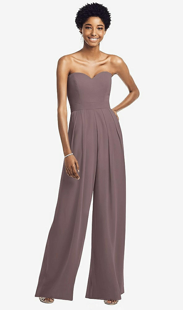Front View - French Truffle Strapless Chiffon Wide Leg Jumpsuit with Pockets