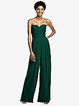 Front View Thumbnail - Hunter Green Strapless Chiffon Wide Leg Jumpsuit with Pockets
