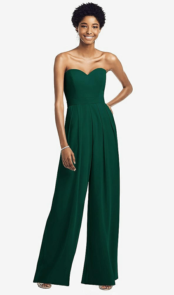 Front View - Hunter Green Strapless Chiffon Wide Leg Jumpsuit with Pockets