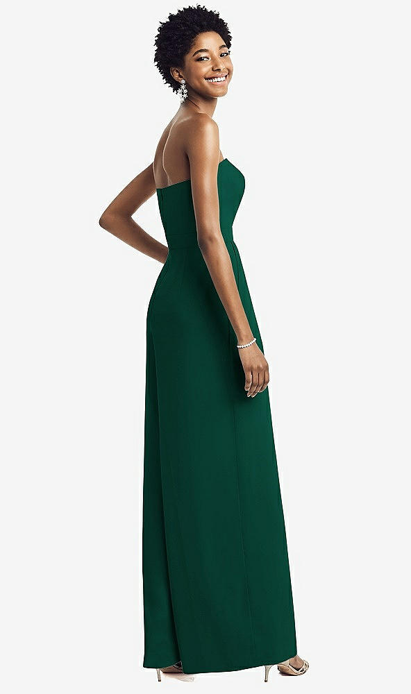 Back View - Hunter Green Strapless Chiffon Wide Leg Jumpsuit with Pockets