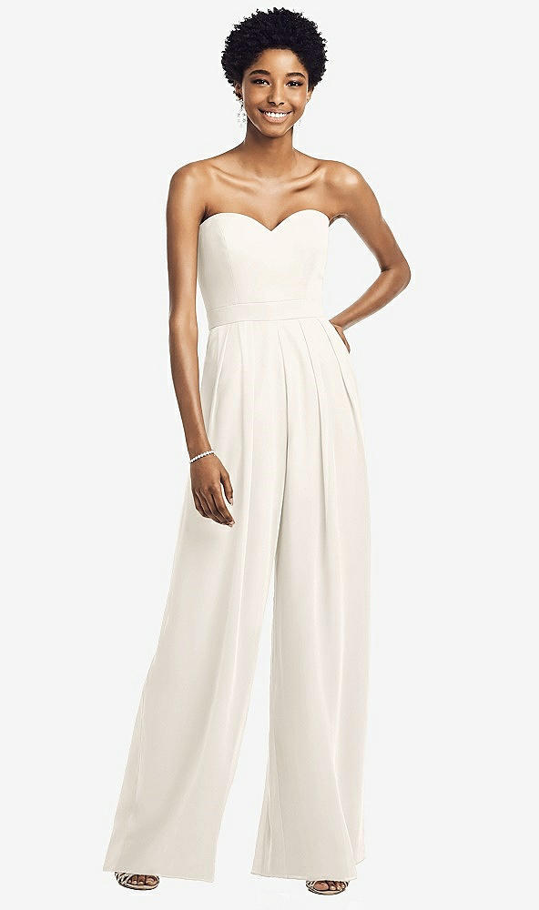 Front View - Ivory Strapless Chiffon Wide Leg Jumpsuit with Pockets