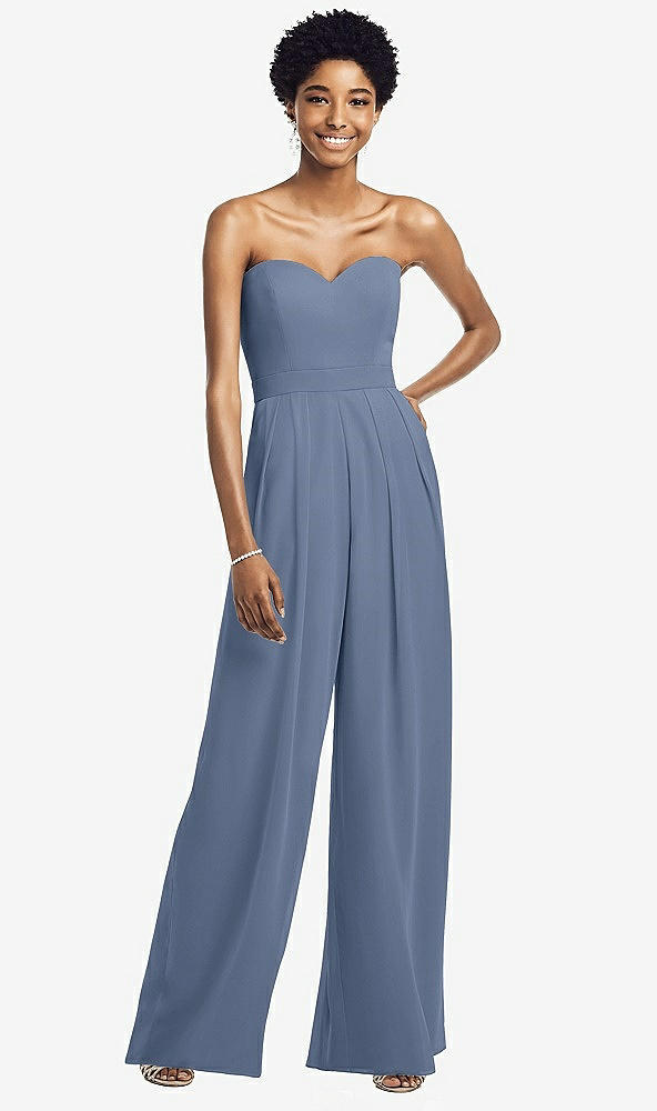Front View - Larkspur Blue Strapless Chiffon Wide Leg Jumpsuit with Pockets