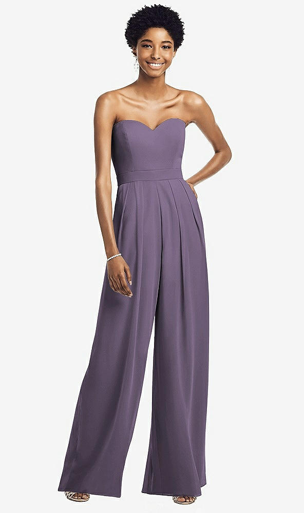 Front View - Lavender Strapless Chiffon Wide Leg Jumpsuit with Pockets