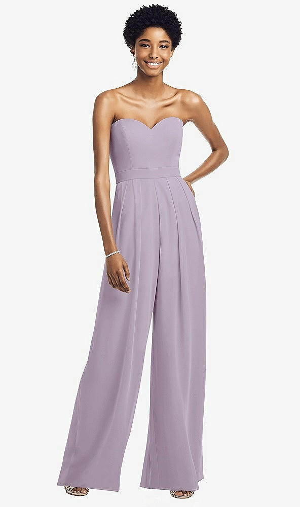 Front View - Lilac Haze Strapless Chiffon Wide Leg Jumpsuit with Pockets