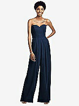 Front View Thumbnail - Midnight Navy Strapless Chiffon Wide Leg Jumpsuit with Pockets