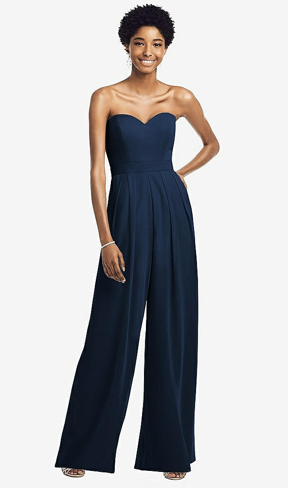 Front View - Midnight Navy Strapless Chiffon Wide Leg Jumpsuit with Pockets