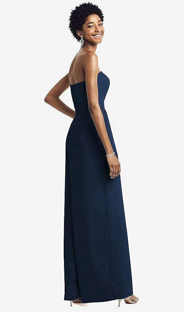 Back View - Midnight Navy Strapless Chiffon Wide Leg Jumpsuit with Pockets