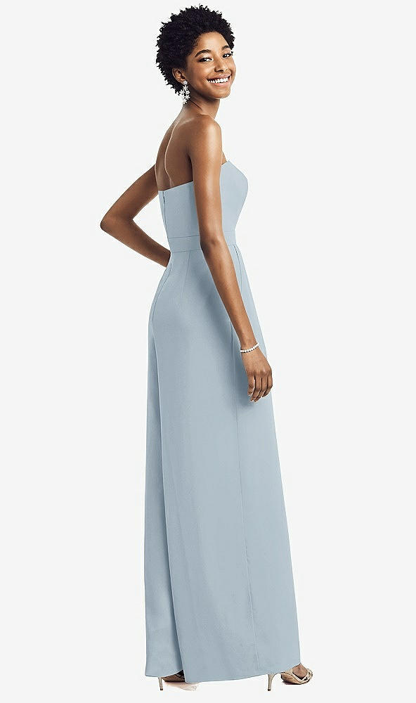 Back View - Mist Strapless Chiffon Wide Leg Jumpsuit with Pockets