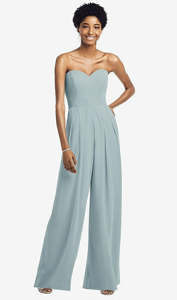 Front View - Morning Sky Strapless Chiffon Wide Leg Jumpsuit with Pockets