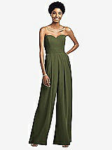 Front View Thumbnail - Olive Green Strapless Chiffon Wide Leg Jumpsuit with Pockets