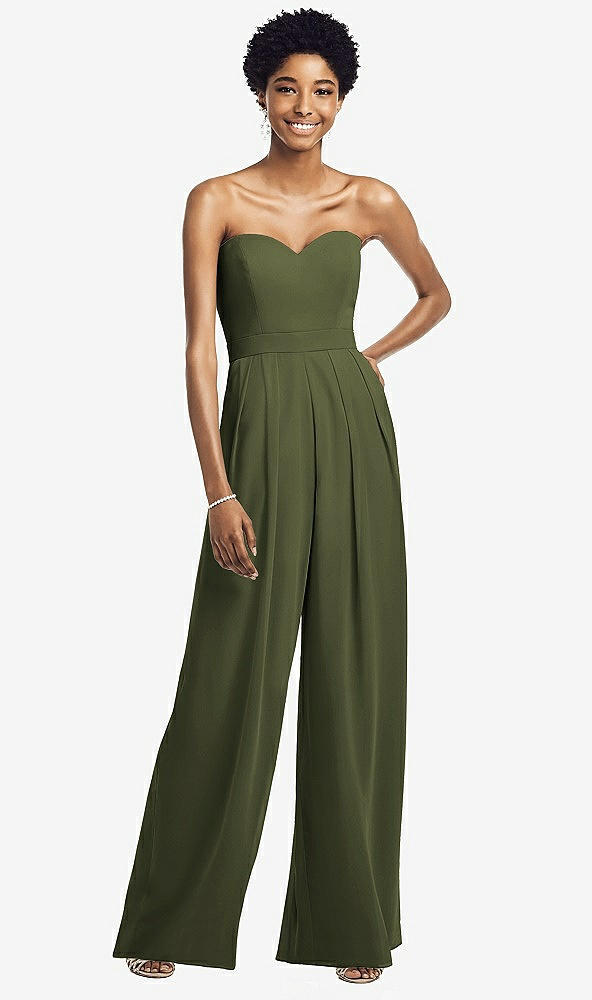 Front View - Olive Green Strapless Chiffon Wide Leg Jumpsuit with Pockets