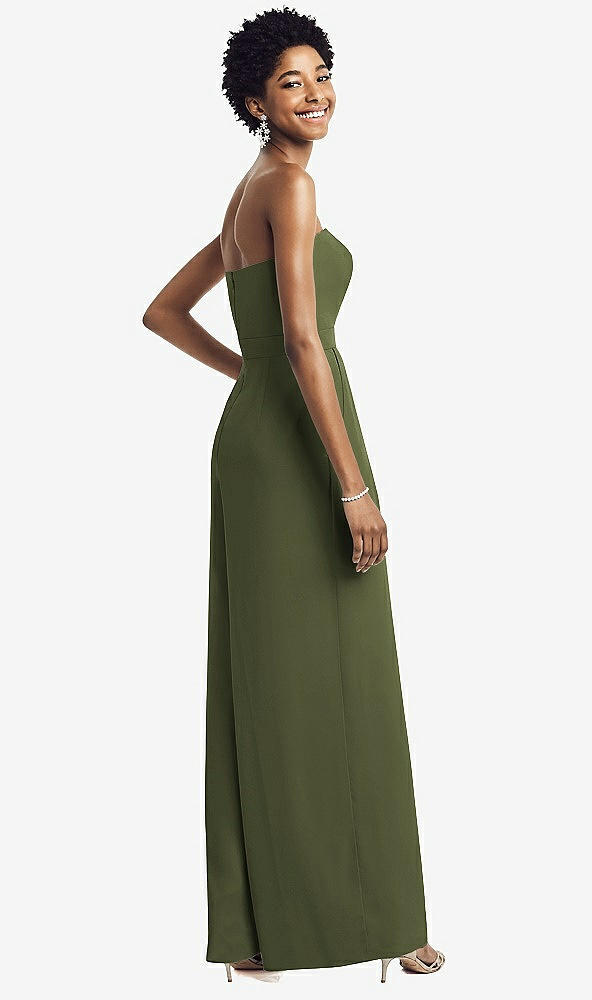 Back View - Olive Green Strapless Chiffon Wide Leg Jumpsuit with Pockets