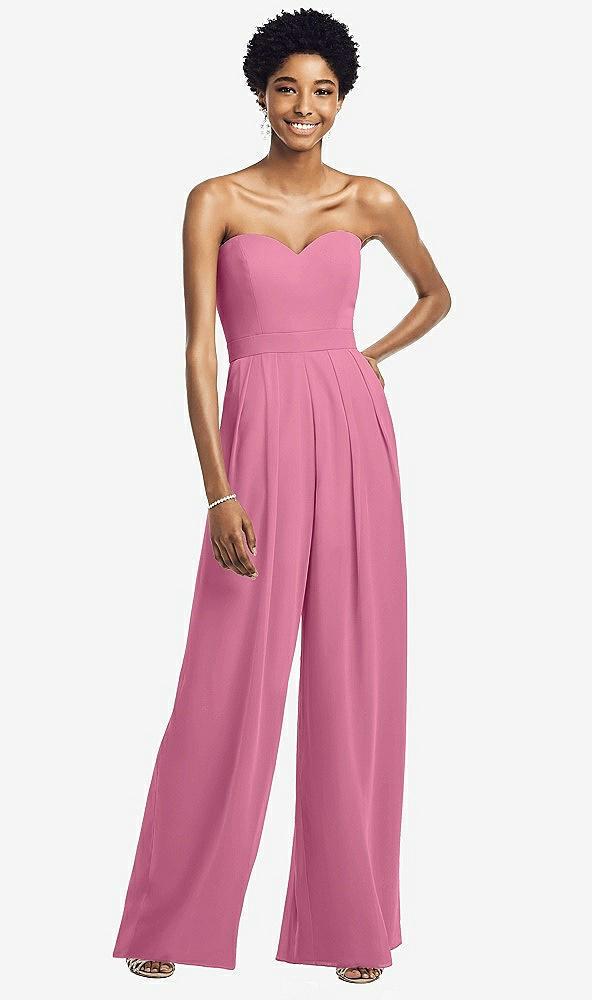 Front View - Orchid Pink Strapless Chiffon Wide Leg Jumpsuit with Pockets