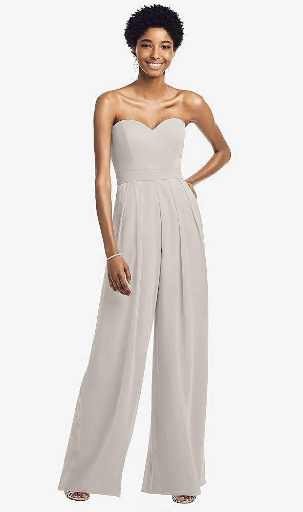 Front View - Oyster Strapless Chiffon Wide Leg Jumpsuit with Pockets