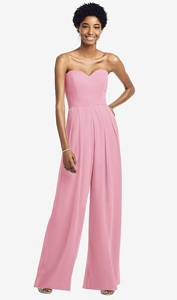 Front View - Peony Pink Strapless Chiffon Wide Leg Jumpsuit with Pockets