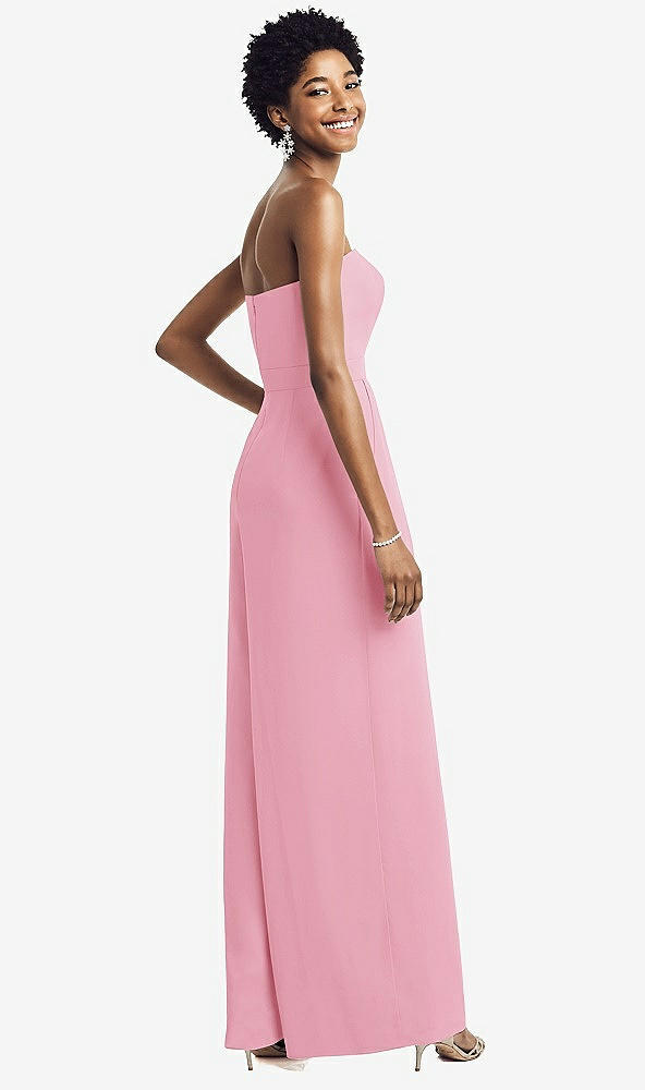 Back View - Peony Pink Strapless Chiffon Wide Leg Jumpsuit with Pockets