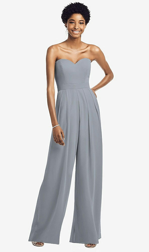 Front View - Platinum Strapless Chiffon Wide Leg Jumpsuit with Pockets