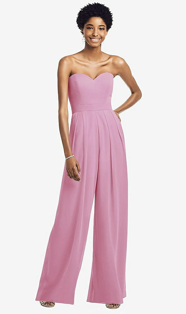Front View - Powder Pink Strapless Chiffon Wide Leg Jumpsuit with Pockets