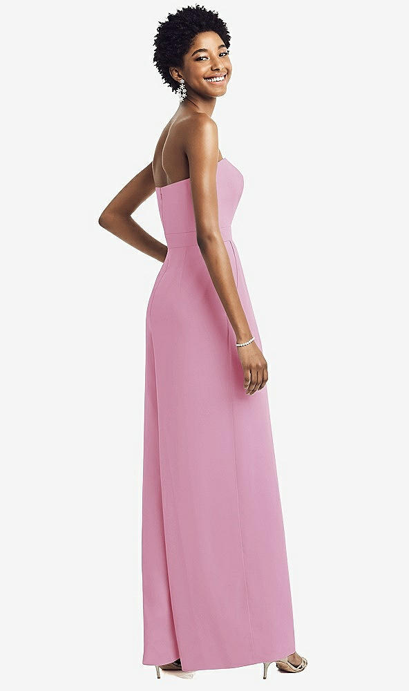 Back View - Powder Pink Strapless Chiffon Wide Leg Jumpsuit with Pockets