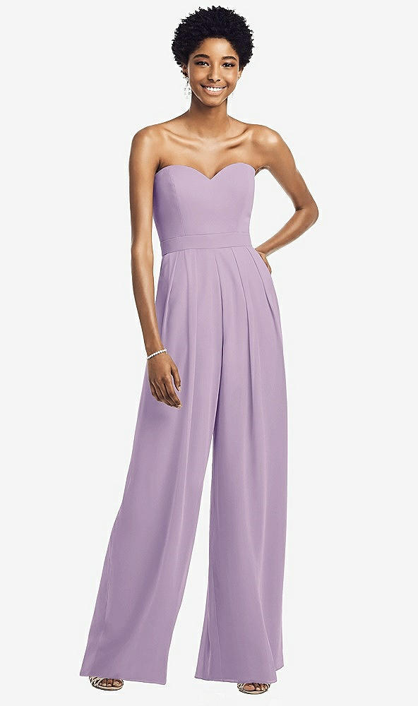 Front View - Pale Purple Strapless Chiffon Wide Leg Jumpsuit with Pockets