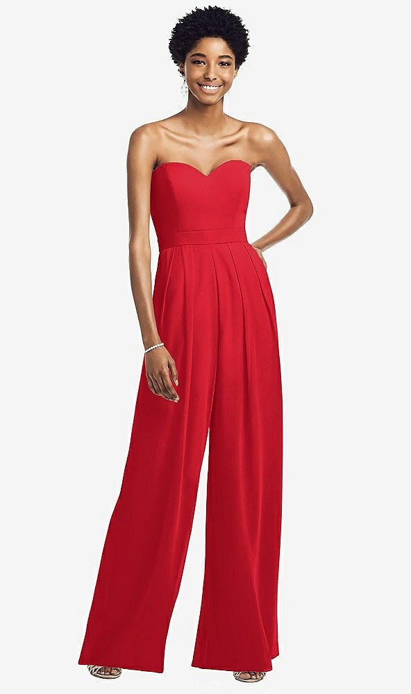 Front View - Parisian Red Strapless Chiffon Wide Leg Jumpsuit with Pockets