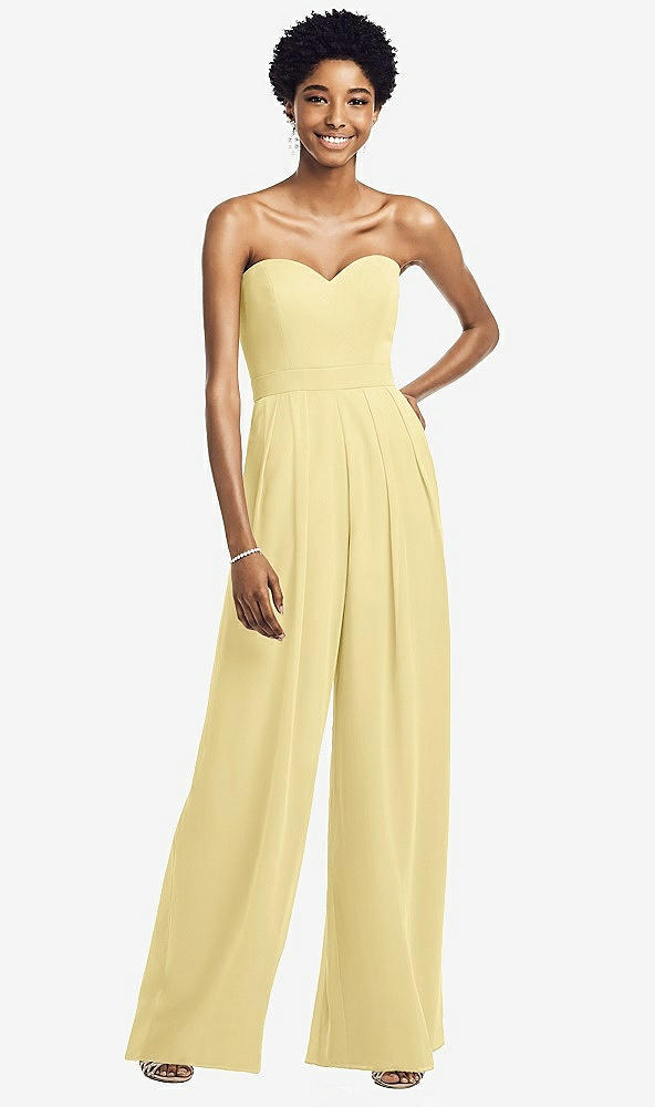 Front View - Pale Yellow Strapless Chiffon Wide Leg Jumpsuit with Pockets