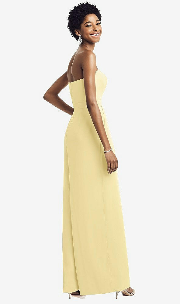 Back View - Pale Yellow Strapless Chiffon Wide Leg Jumpsuit with Pockets
