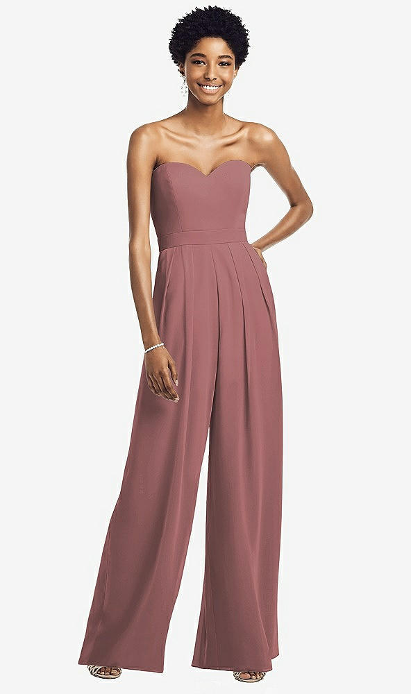 Front View - Rosewood Strapless Chiffon Wide Leg Jumpsuit with Pockets