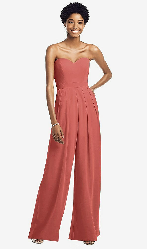 Front View - Coral Pink Strapless Chiffon Wide Leg Jumpsuit with Pockets