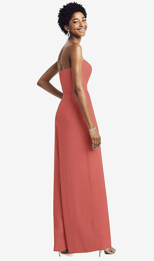 Back View - Coral Pink Strapless Chiffon Wide Leg Jumpsuit with Pockets