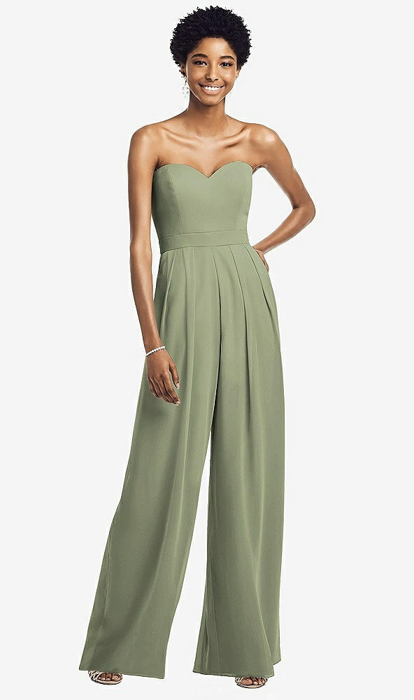Front View - Sage Strapless Chiffon Wide Leg Jumpsuit with Pockets