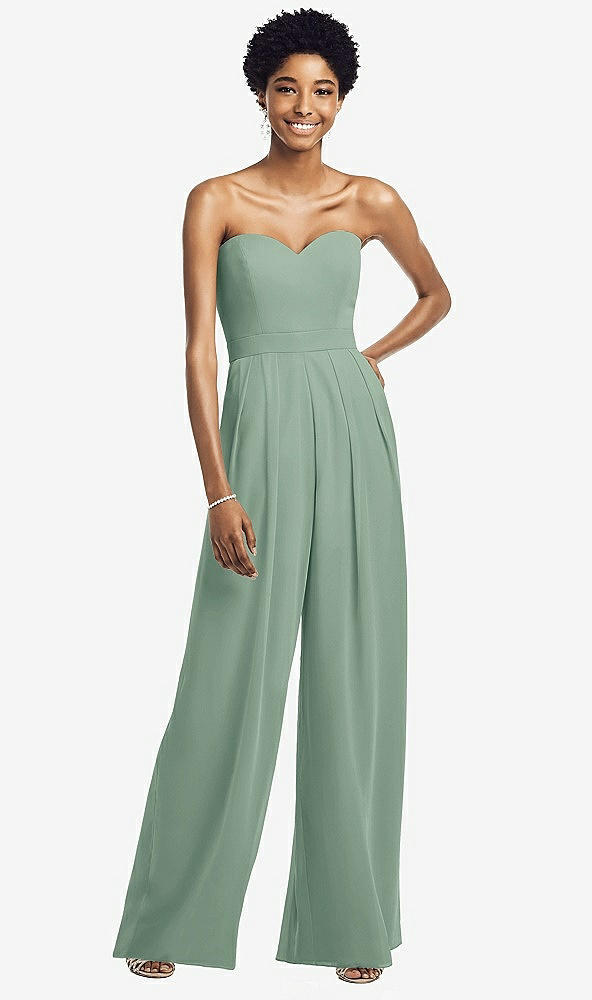 Front View - Seagrass Strapless Chiffon Wide Leg Jumpsuit with Pockets