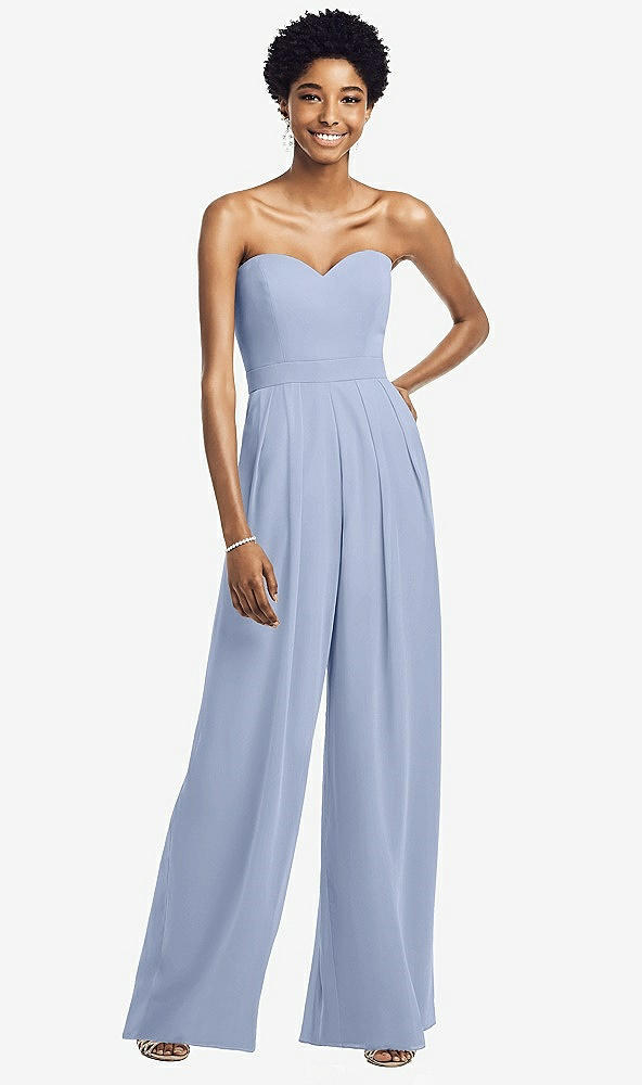 Front View - Sky Blue Strapless Chiffon Wide Leg Jumpsuit with Pockets