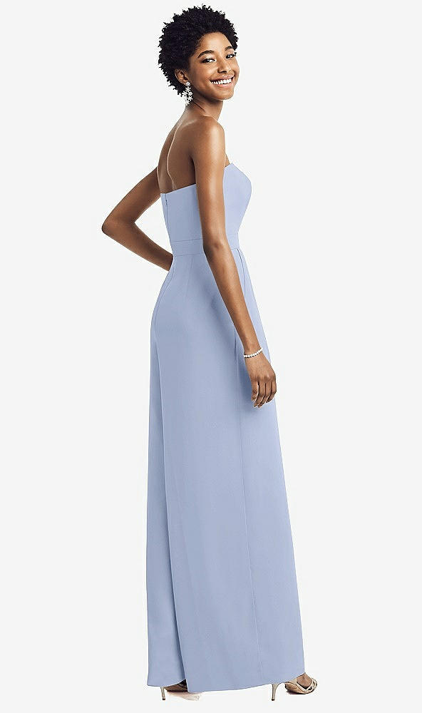 Back View - Sky Blue Strapless Chiffon Wide Leg Jumpsuit with Pockets