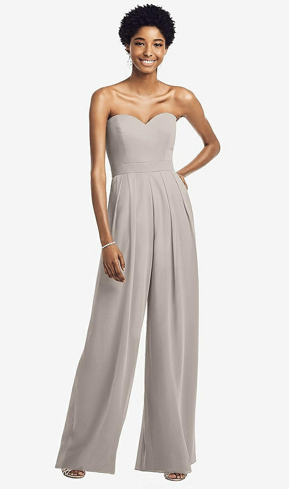 Front View - Taupe Strapless Chiffon Wide Leg Jumpsuit with Pockets