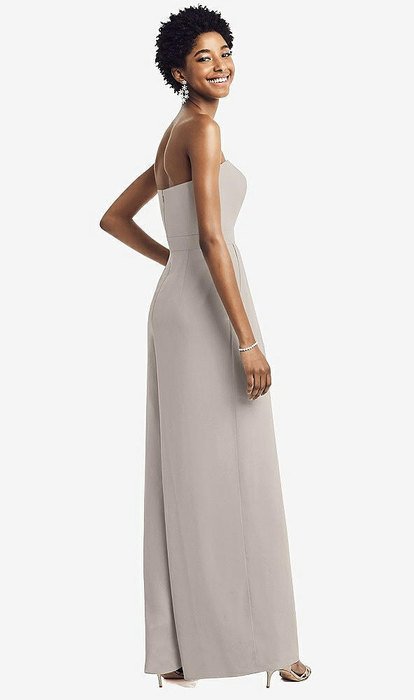 Back View - Taupe Strapless Chiffon Wide Leg Jumpsuit with Pockets