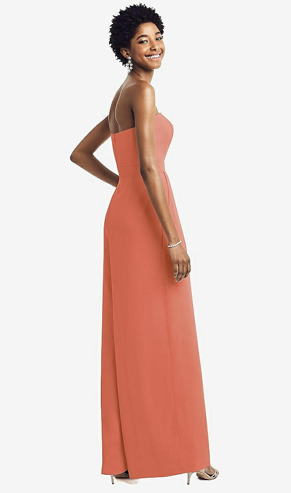 Back View - Terracotta Copper Strapless Chiffon Wide Leg Jumpsuit with Pockets