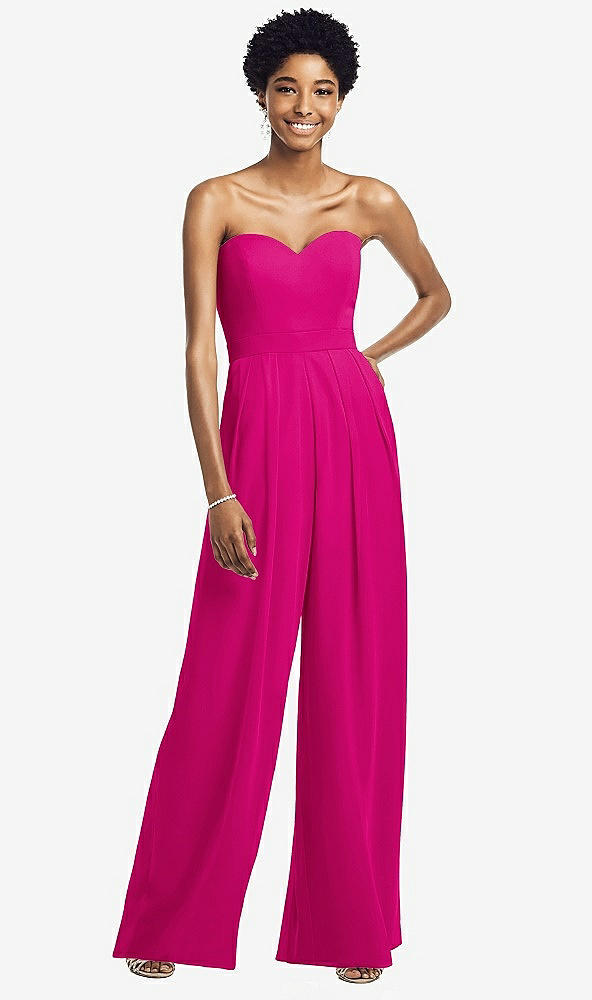Front View - Think Pink Strapless Chiffon Wide Leg Jumpsuit with Pockets