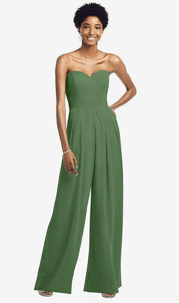 Front View - Vineyard Green Strapless Chiffon Wide Leg Jumpsuit with Pockets