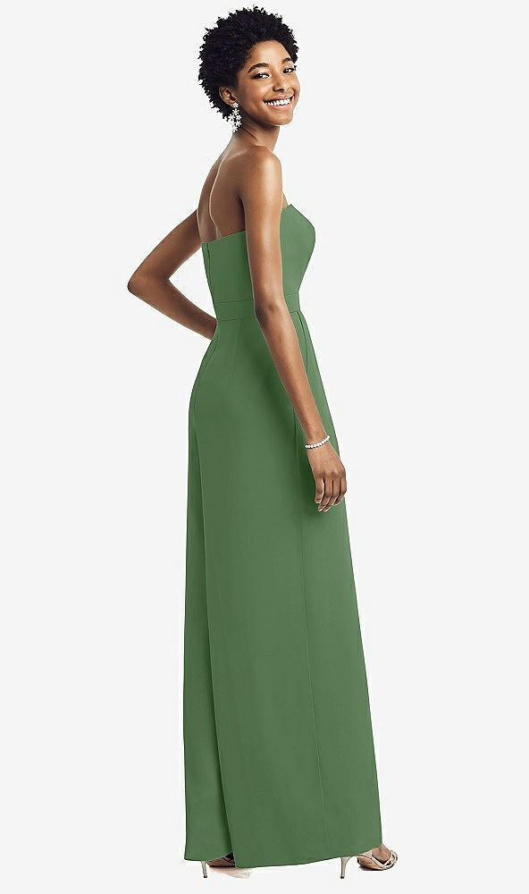 Back View - Vineyard Green Strapless Chiffon Wide Leg Jumpsuit with Pockets