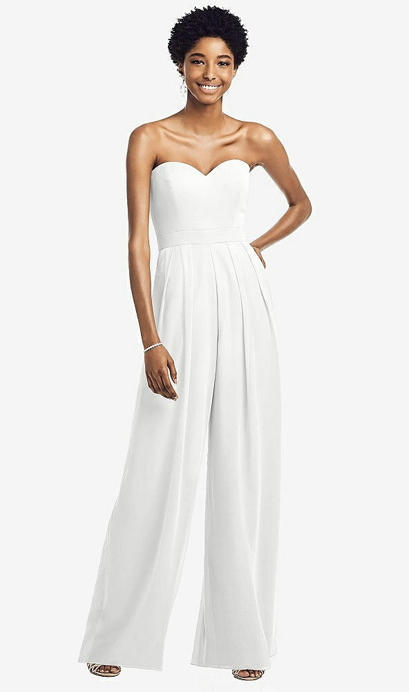 Front View - White Strapless Chiffon Wide Leg Jumpsuit with Pockets
