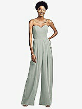 Front View Thumbnail - Willow Green Strapless Chiffon Wide Leg Jumpsuit with Pockets
