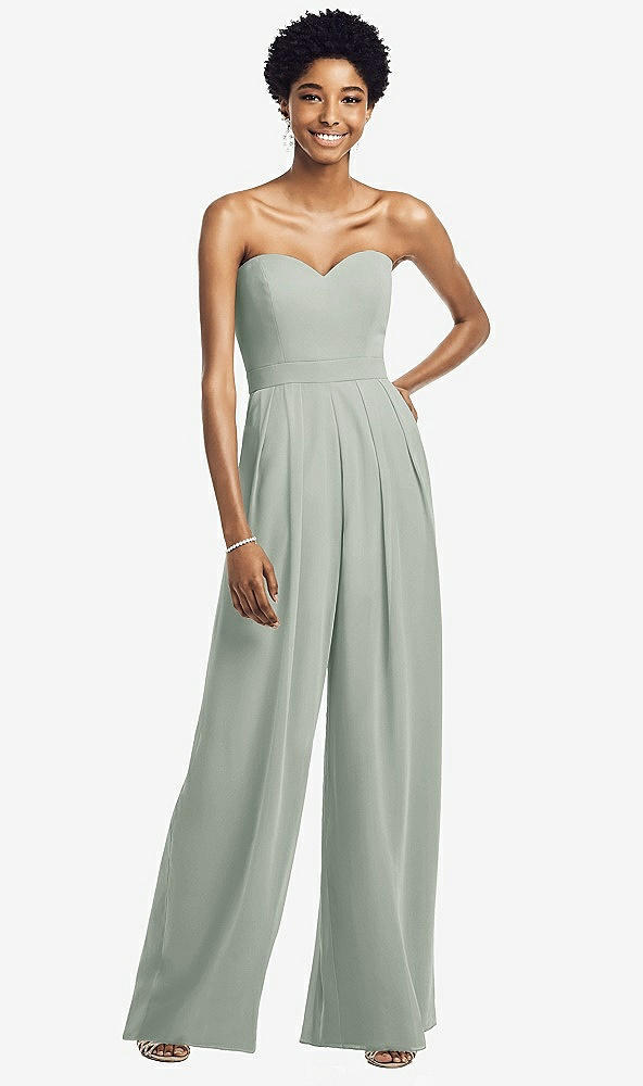 Front View - Willow Green Strapless Chiffon Wide Leg Jumpsuit with Pockets
