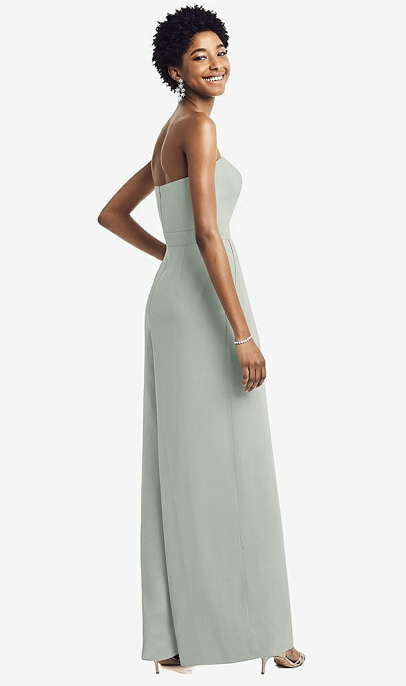 Back View - Willow Green Strapless Chiffon Wide Leg Jumpsuit with Pockets