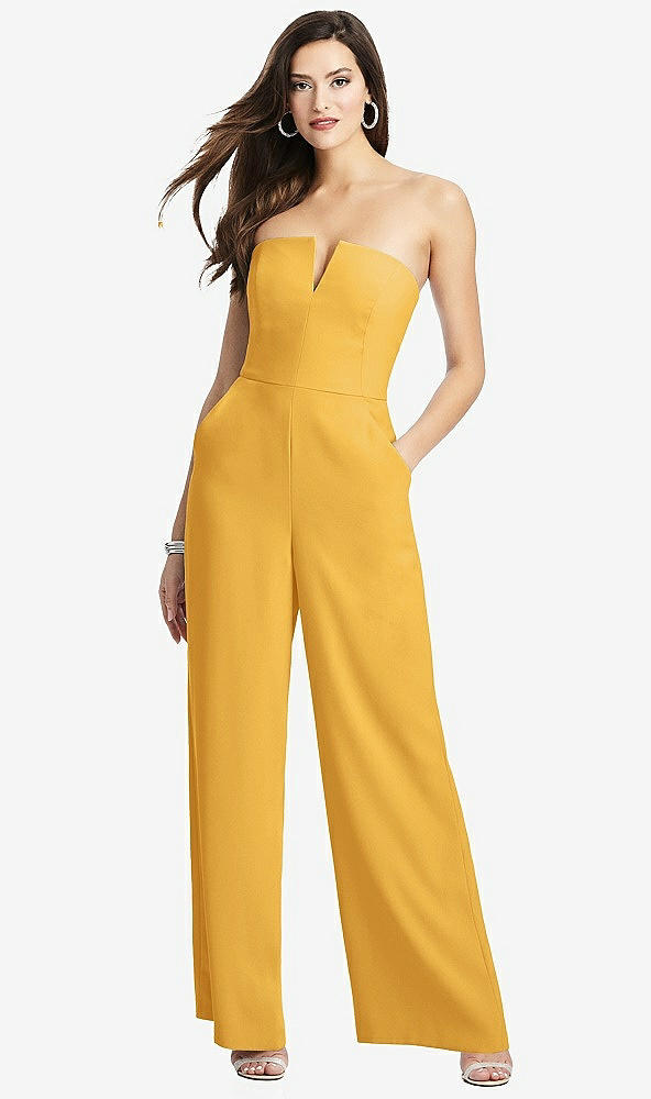 Front View - NYC Yellow Strapless Notch Crepe Jumpsuit with Pockets