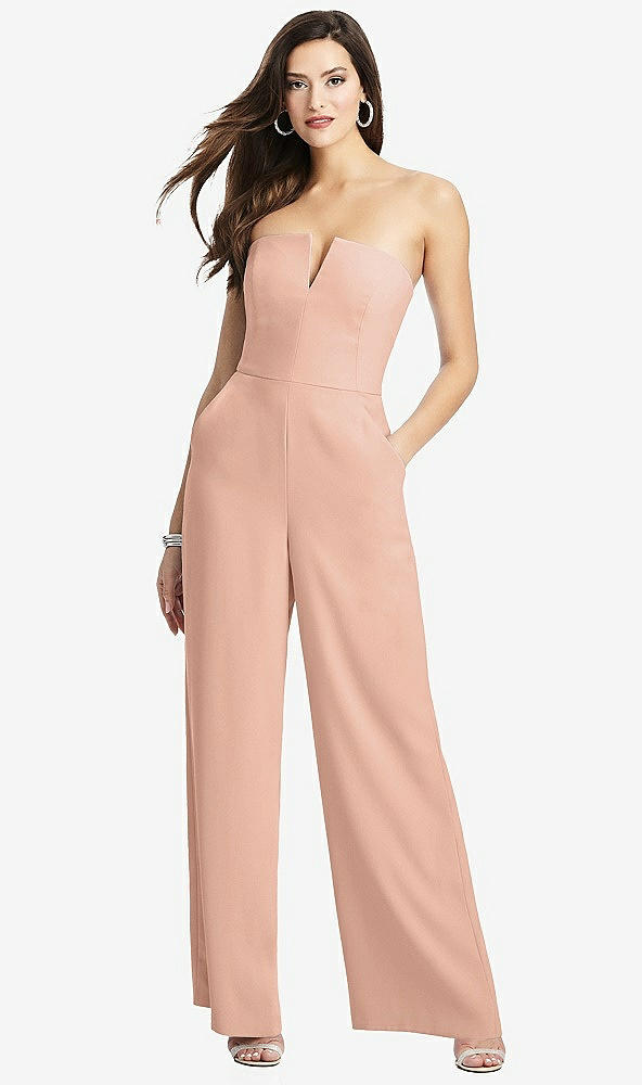 Front View - Pale Peach Strapless Notch Crepe Jumpsuit with Pockets