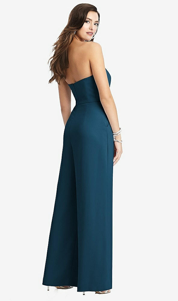 Back View - Atlantic Blue Strapless Notch Crepe Jumpsuit with Pockets